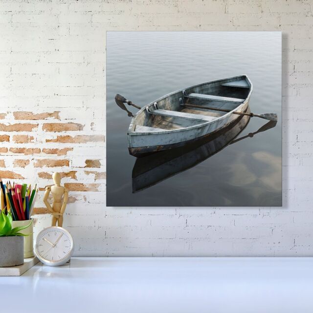 "Warren Reed - Designer Boat On The Lake Canvas in Grey - Size: W16"" x H16""" - image 1
