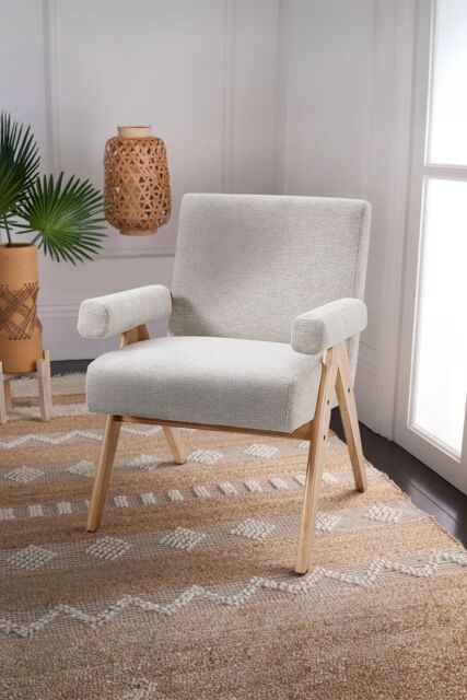 Living and Home Linen Upholsteried Wooden Armchair in Beige - image 1