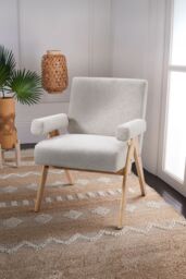 Living and Home Linen Upholsteried Wooden Armchair in Beige