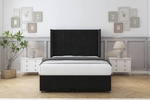 "Sloomy Falcon Plush Ottoman Bed Base-54"" Wingback Headboard in Black - Size: King" - image 1