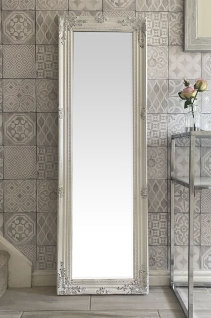 Downton Interiors Antique White Tall Ornate Dressing Wall Mirror with Bevelled Glass 142cm