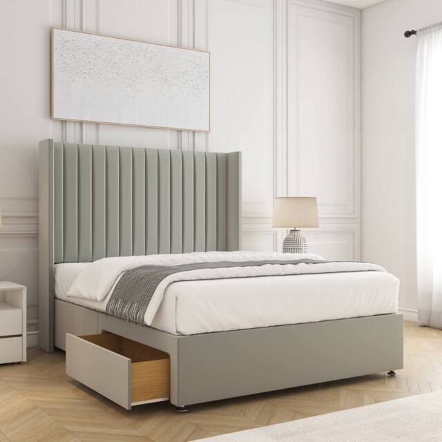 "BSSPOKE Manhattan Divan Bed Plush 54""Headboard 2 Drawers Footend & Mattress in Silver - Size: Small Double" - image 1
