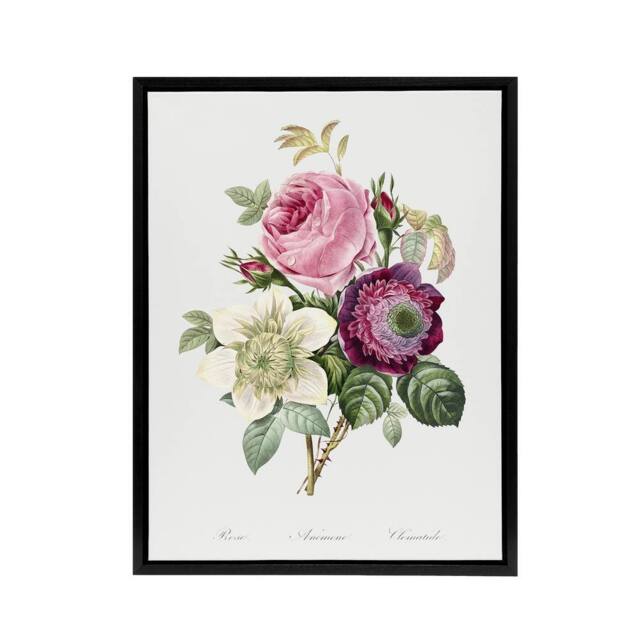 "Artery8 Anemone & Cabbage Rose Flower Redoute Vintage Framed Canvas Wall Art in White - Size: W12"" x H16""" - image 1