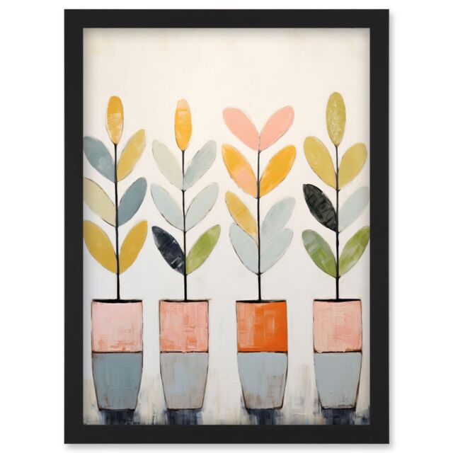 Artery8 Wall Art Print Plant Pots Simple Pastel Colour Oil Painting Bright Pink Green Blue Boho Artwork Framed A4 in Black - image 1
