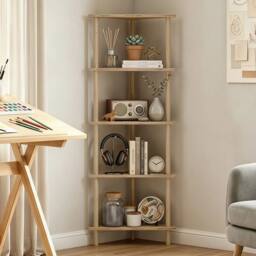 KORVIXA Natural‑Wood‑Finish 5‑Tier Corner Storage Shelf for Living Room in Natural - Size: 100 cm x 100 cm - thumbnail 3