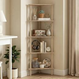 KORVIXA Natural‑Wood‑Finish 5‑Tier Corner Storage Shelf for Living Room in Natural - Size: 100 cm x 100 cm - thumbnail 4