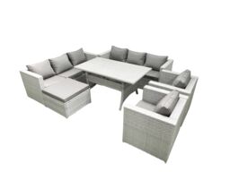 Fimous Rattan Garden Furniture Set Outdoor 8 Seater Patio Dinin g Sofa Sets with Dining Table 2 Chairs Big Footstool Light Grey Mixed - thumbnail 2