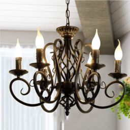 Garwarm Vintage 6-Light Iron Candle Chandelier Pendant for Kitchen or Dining Room in Black