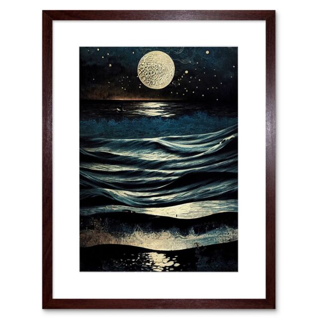 "Artery8 Wall Art Print Full Moon Rising Over Clear Night Sky Tidal Waves Artwork Framed 9X7 Inch in Brown - Size: W7"" x H9""" - image 1
