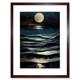 "Artery8 Wall Art Print Full Moon Rising Over Clear Night Sky Tidal Waves Artwork Framed 9X7 Inch in Brown - Size: W7"" x H9""" - thumbnail 1