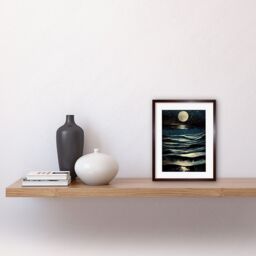 "Artery8 Wall Art Print Full Moon Rising Over Clear Night Sky Tidal Waves Artwork Framed 9X7 Inch in Brown - Size: W7"" x H9""" - thumbnail 2