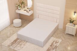 Somnior Chambery Divan Bed Frame with Floor Standing Headboard Plush Velvet in Ivory - Size: Small Single - thumbnail 3