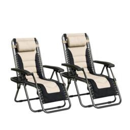 MCC Direct Set of 2 Zero Gravity Outdoor Garden Recliner sun loungers Padded Seat in Cream - thumbnail 1