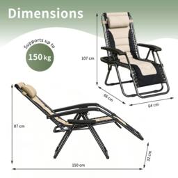 MCC Direct Set of 2 Zero Gravity Outdoor Garden Recliner sun loungers Padded Seat in Cream - thumbnail 7