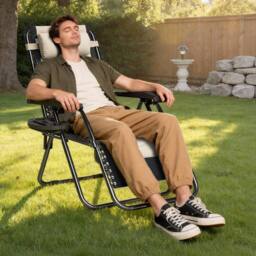 MCC Direct Set of 2 Zero Gravity Outdoor Garden Recliner sun loungers Padded Seat in Cream - thumbnail 6