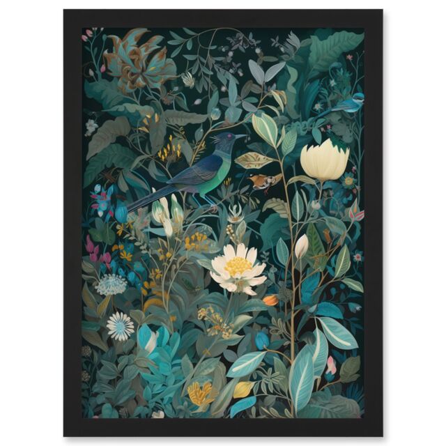 Artery8 Audubon Style Birds in Blooming Wildflower Field Artwork Framed Wall Art Print A4 in Black - image 1
