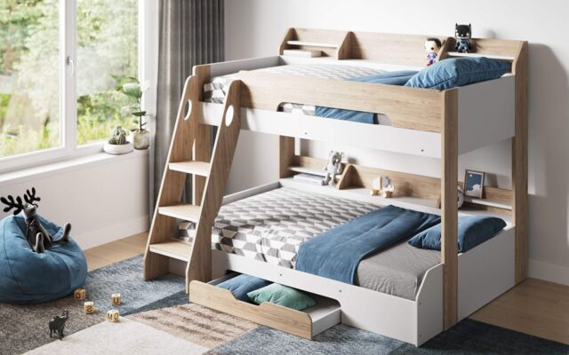 Flair Flick Triple Bunk Bed with Storage in Light Oak - Size: Single - image 1