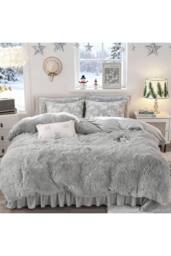Living and Home 3Pcs Soft Skin-friendly Faux Mink Fleece Duvet Set in Light Grey - Size: Single