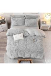 Living and Home 3Pcs Soft Skin-friendly Faux Mink Fleece Duvet Set in Light Grey - Size: Single - thumbnail 3
