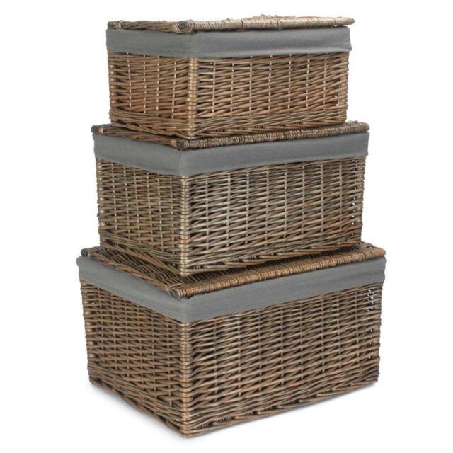 Red Hamper Set of 3 Small Antique Wash Cotton Lined Storage Basket in Grey - image 1