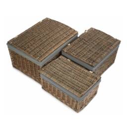 Red Hamper Set of 3 Small Antique Wash Cotton Lined Storage Basket in Grey - thumbnail 2