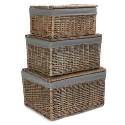 Red Hamper Set of 3 Small Antique Wash Cotton Lined Storage Basket in Grey