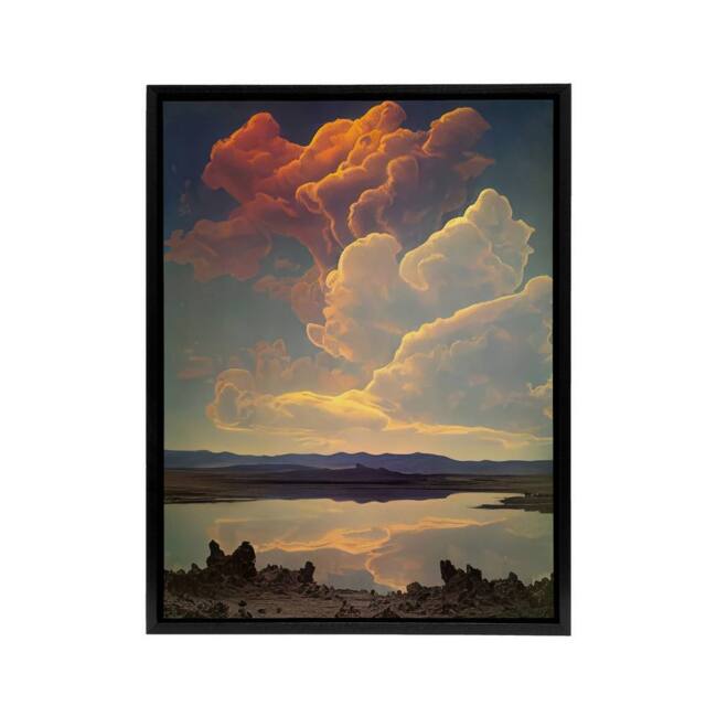 "Artery8 Vintage Style Atmospheric Clouds Over Lake Framed Canvas Wall Art Print - Size: W24"" x H32""" - image 1
