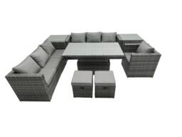 Fimous Rattan Dining Table Sofa Set with 2 Small Stools Outdoor 9 Seat in Dark Grey - thumbnail 1