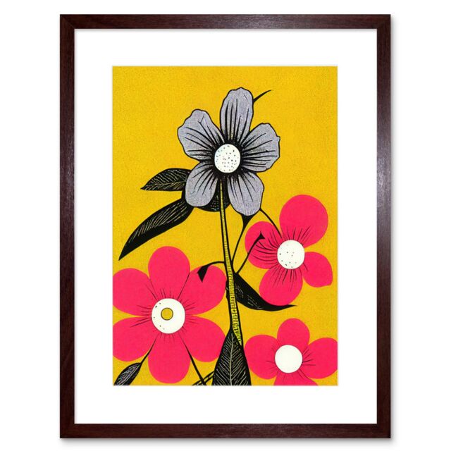 "Artery8 Wall Art Print Bold Flowers Linocut Pink & Mustard Yellow Artwork Framed 9X7 Inch in Brown - Size: W7"" x H9""" - image 1
