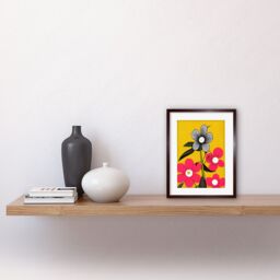 "Artery8 Wall Art Print Bold Flowers Linocut Pink & Mustard Yellow Artwork Framed 9X7 Inch in Brown - Size: W7"" x H9""" - thumbnail 2