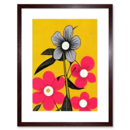 "Artery8 Wall Art Print Bold Flowers Linocut Pink & Mustard Yellow Artwork Framed 9X7 Inch in Brown - Size: W7"" x H9""" - thumbnail 1