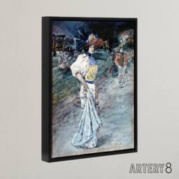 "Artery8 Henry Somm Elegant in a Japanese Garden Watercolour Framed Canvas Art in Blue - Size: W12"" x H16""" - thumbnail 2