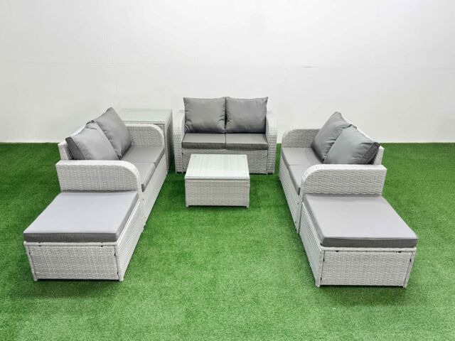 Fimous 8 Seater PE Wicker Rattan Furniture Sofa Sets with Square Coffee Table 2 Seater Love Sofa 2 Big Footstool Side Table Light Grey - image 1