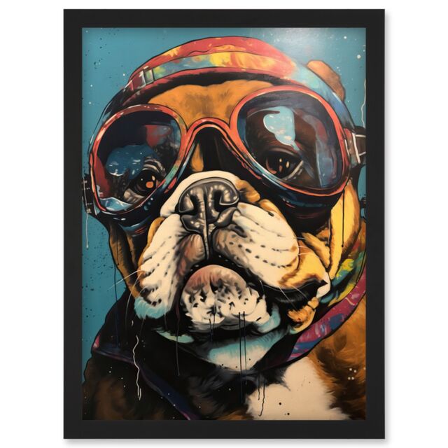 Artery8 Bulldog with Retro Motorcycle Goggles & Helmet Artwork Framed Wall Art Print A4 in Black - image 1