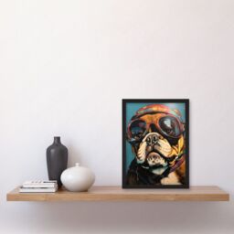 Artery8 Bulldog with Retro Motorcycle Goggles & Helmet Artwork Framed Wall Art Print A4 in Black - thumbnail 2