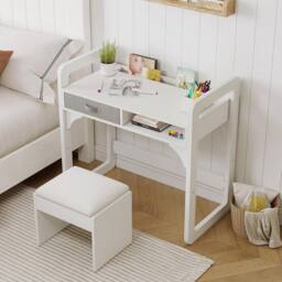 VOGREX Desk & Chair Set Study Desk Wooden Writing Table in White - thumbnail 3