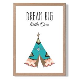 ARTZE Dream Big Tribal Quote Framed Print SIZE: A3 with Oak Frame in Bright Blue - Size: A4