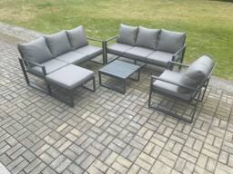 Fimous Aluminium 8 Seater Outdoor Garden Furniture Lounge Sofa Set with Square Coffee Table Chair Big Footstool Dark Grey - thumbnail 1