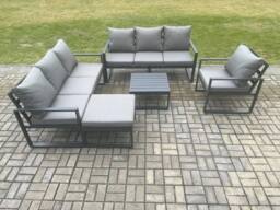 Fimous Aluminium 8 Seater Outdoor Garden Furniture Lounge Sofa Set with Square Coffee Table Chair Big Footstool Dark Grey - thumbnail 2