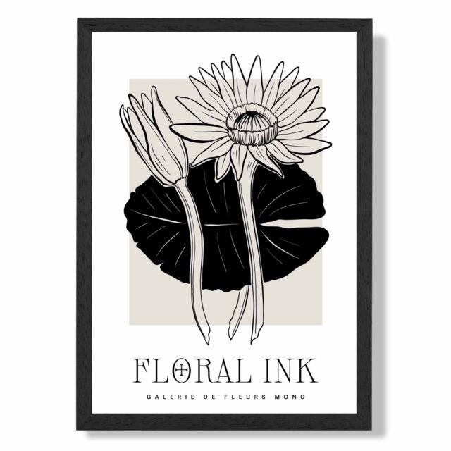 ARTZE Water Lillies in Black & Beige Floral Ink Sketch Framed Print SIZE: A3 with Black Frame - Size: A4 - image 1