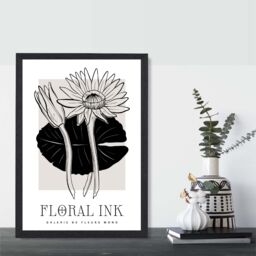 ARTZE Water Lillies in Black & Beige Floral Ink Sketch Framed Print SIZE: A3 with Black Frame - Size: A4 - thumbnail 2