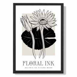 ARTZE Water Lillies in Black & Beige Floral Ink Sketch Framed Print SIZE: A3 with Black Frame - Size: A4 - thumbnail 1