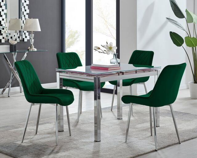 FurnitureboxUK Enna White Glass Extending 4-6 Seater Dining Table & 4 Pesaro Soft Velvet Chairs in Green - image 1