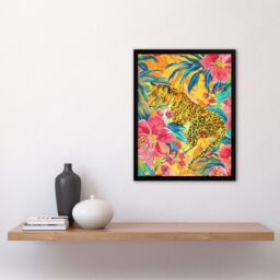 Artery8 Wall Art Print Leopard in Pink Lily Jungle Vibrant Painting Art Framed Poster in Black - Size: A4 - thumbnail 4