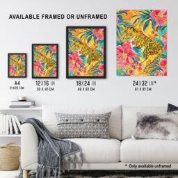 Artery8 Wall Art Print Leopard in Pink Lily Jungle Vibrant Painting Art Framed Poster in Black - Size: A4 - thumbnail 3