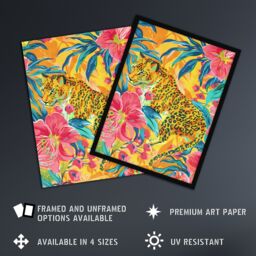 Artery8 Wall Art Print Leopard in Pink Lily Jungle Vibrant Painting Art Framed Poster in Black - Size: A4 - thumbnail 2