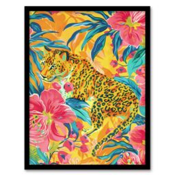 Artery8 Wall Art Print Leopard in Pink Lily Jungle Vibrant Painting Art Framed Poster in Black - Size: A4 - thumbnail 1