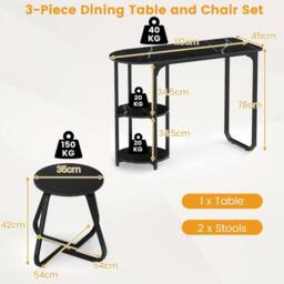 VOGREX Metal Bar Table & 2 Stools Set Double Shelves Kitchen Unit in Black - thumbnail 3