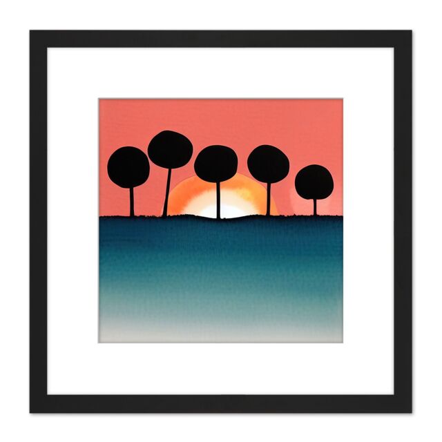 Artery8 Bubble Tree Dark Outlines Boho Sunset Horizon Landscape Coral Teal Watercolour Illustration Square Wooden Framed Wall Art Print Picture 8X8 - image 1