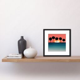 Artery8 Bubble Tree Dark Outlines Boho Sunset Horizon Landscape Coral Teal Watercolour Illustration Square Wooden Framed Wall Art Print Picture 8X8 - thumbnail 2